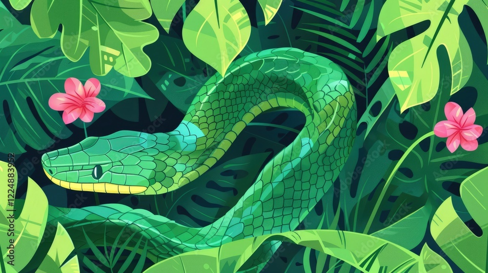 Fototapeta premium Vibrant green snake coiled in lush tropical foliage, serpent background