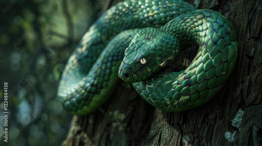 A realistic green snake coiled around a tree, nature background A realistic green snake coiled around a tree, nature background