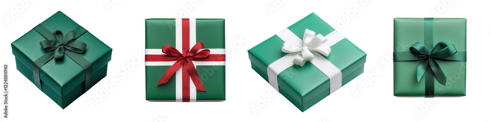 Fototapeta premium Beautifully wrapped green gift boxes with red ribbon and bows for Christmas birthdays anniversaries or other holiday and special occasions Festive and celebratory present packaging design