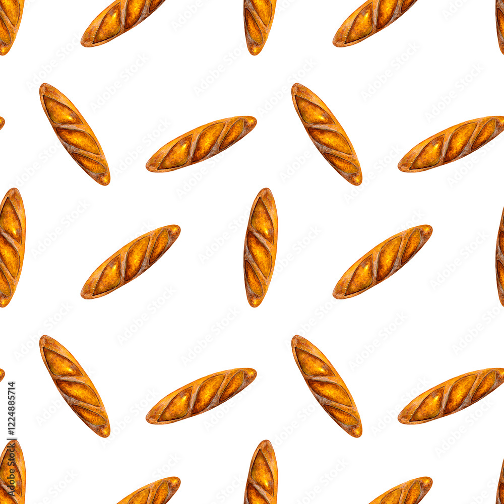 Seamless pattern with watercolor baguettes. French bakery print. Food repetitive background. Ideal for wallpaper, fabric, wrapping, packaging, stationery, kitchenware decor, crafts, scrapbooking. Seamless pattern with watercolor baguettes. French bakery print. Food repetitive background. Ideal for wallpaper, fabric, wrapping, packaging, stationery, kitchenware decor, crafts, scrapbooking.