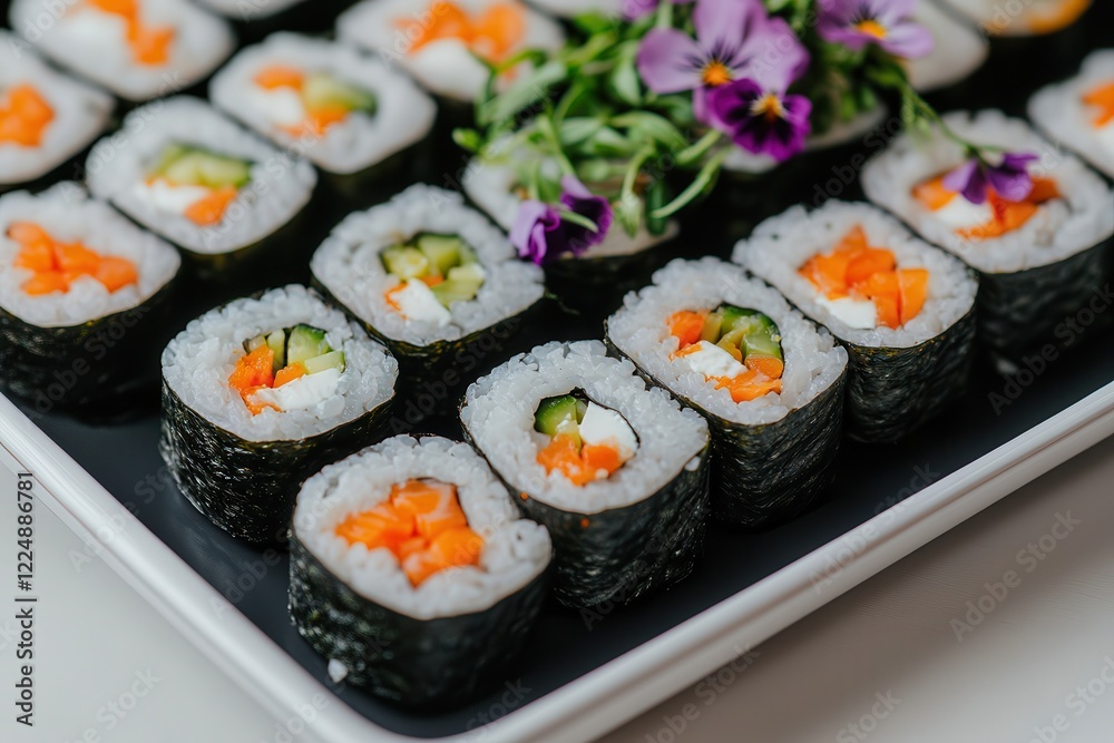 Seaweed is a vegan superfood perfect for a healthy diet. Sushi rolls with colorful fillings and decorative flowers on a platter. Seaweed is a vegan superfood perfect for a healthy diet. Sushi rolls with colorful fillings and decorative flowers on a platter.