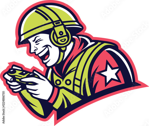 A vibrant cartoon illustration of a soldier character, wearing a military helmet and uniform, engrossed in playing a video game.