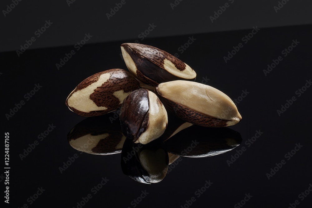 Brazil Nuts on a Black Background A minimalist shot of Brazil nuts, their glossy surfaces shining against a black background Brazil Nuts on a Black Background A minimalist shot of Brazil nuts, their glossy surfaces shining against a black background