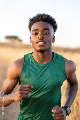 Determined male athlete running outdoors, enjoying a sunny day of training photo