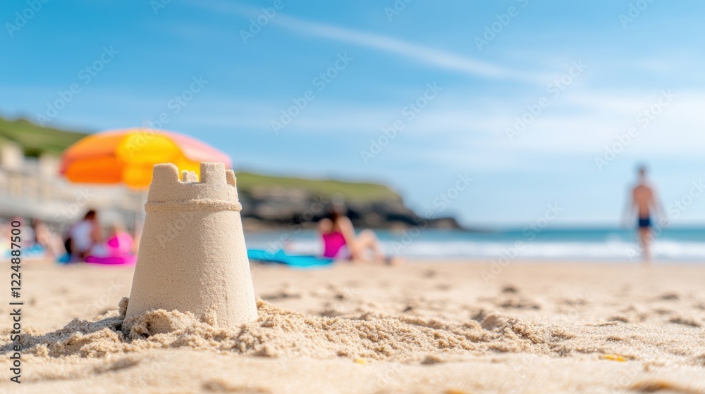 Sandcastle built on beach with blurred tourists relaxing by sea in background on sunny summer day