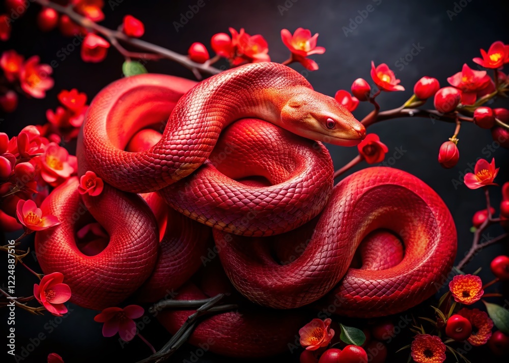 Obraz premium Red Snake Coiled Amongst Vibrant Red Blossoms - Spring Wildlife Photography