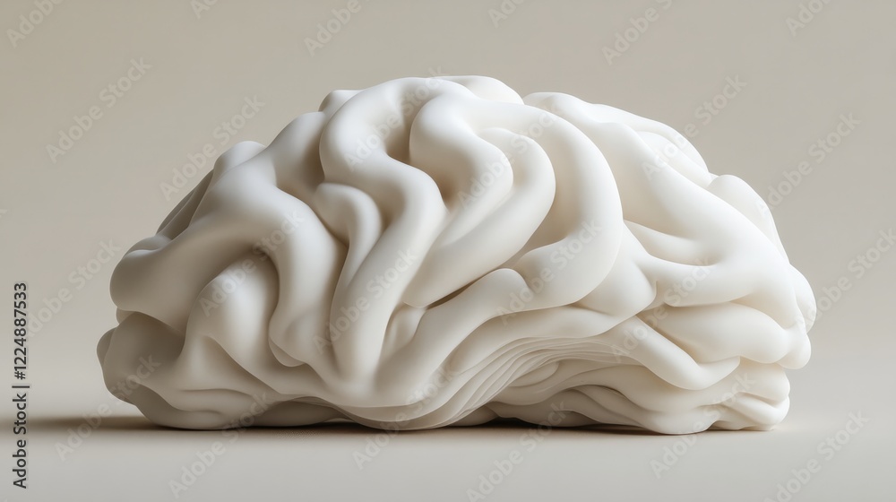 A clean and simple 3D-rendered white brain, isolated on a beige one-color background A clean and simple 3D-rendered white brain, isolated on a beige one-color background