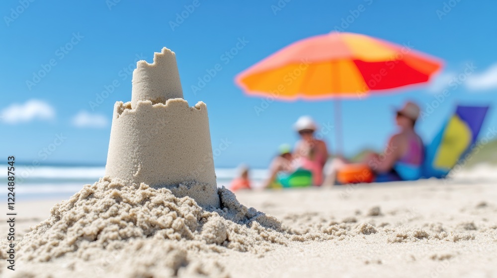 Sandcastle on beach with family relaxing under colorful beach umbrella in background Sandcastle on beach with family relaxing under colorful beach umbrella in background