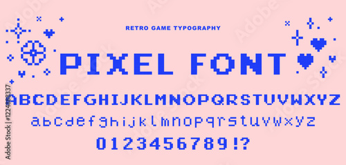 Pixel font set. 8-bit alphabet letters and number pack. Mood of 90's aesthetics. Y2k retro style editable vector typeface for headline, vintage computer design, poster, arcade game style text