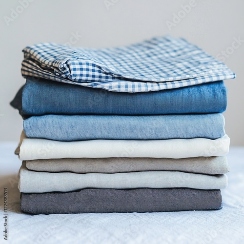 Neat stack of folded linen fabrics in various shades of blue, grey, and beige.