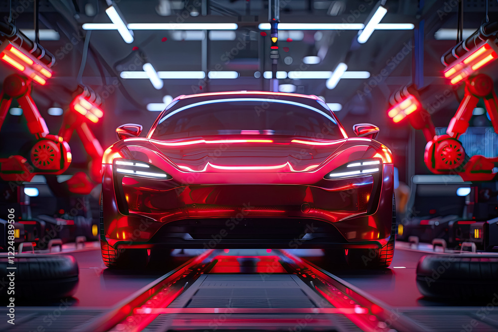 Naklejka premium Futuristic red electric sports car in an advanced robotic assembly line, illuminated by neon lights. A high-tech manufacturing environment showcasing innovation and precision engineering.