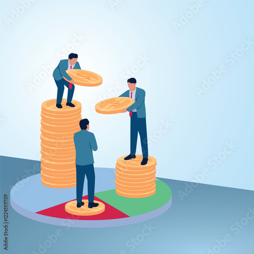 A man gives a coin to his friend in another pie chart. Illustration of profit, dividend, and shareholder distribution.