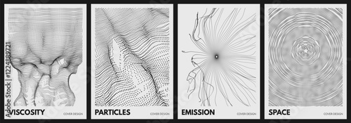 Point explode. Array with dynamic emitted particles. Water splash imitation. Cover design template. Big data. Spider web torn. 3D vector for brochure, poster, presentation, flyer or banner.