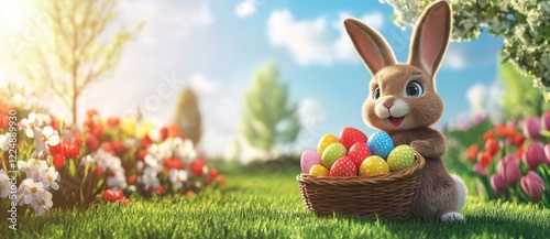 Adorable Bunny with Easter Eggs in a Lush Spring Garden