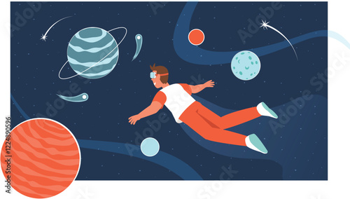 Metaverse Exploration Virtual Reality Space Adventure Illustration Depicts a person wearing VR gear exploring a cosmic space adventure with stars and planets.