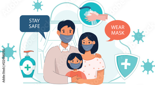 Pandemic Safety Measures for Families Illustrated Depicts a family following safety guidelines like mask-wearing and hand sanitizing.