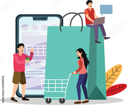 Online Shopping Experience Illustration People Engaging with Digital Store Platforms Features people browsing products, adding to carts, and checking out in a seamless online shopping process.