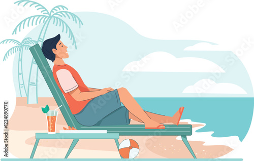 Relaxing Beach Day Illustration Man Enjoying Summer Vacation Shows a man lounging under an umbrella by the ocean, enjoying the summer breeze.