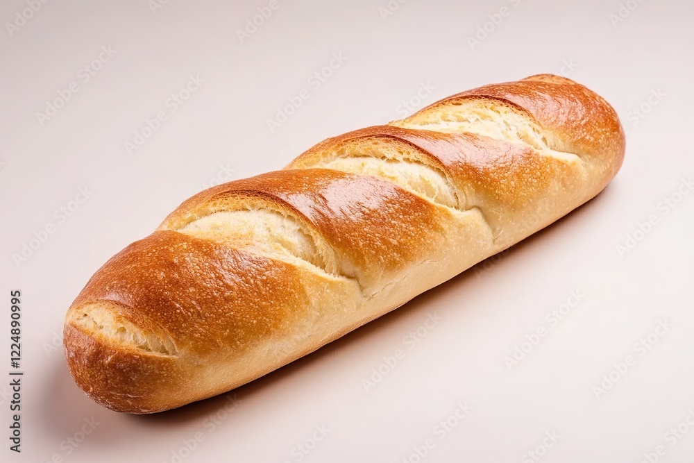 Golden baked fresh baguette with crusty texture on light background Golden baked fresh baguette with crusty texture on light background