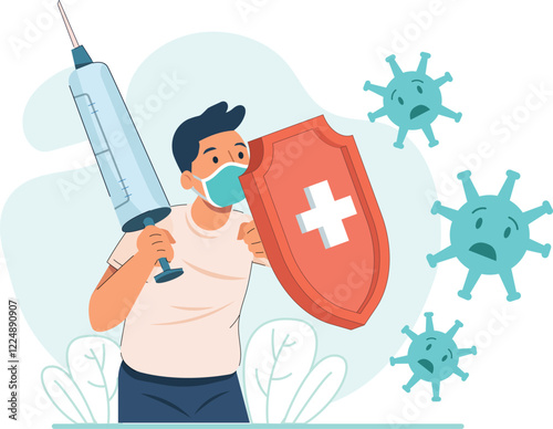 Vaccine Protection Strategy Illustrated Concept Highlights the concept of global vaccination campaigns with shields and syringes.