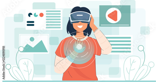Virtual Reality Interaction Digital Experience Metaverse Illustration Depicts a person exploring a futuristic metaverse filled with interactive 3D elements.