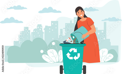 Woman Recycling Waste In Urban Area Illustration Highlights a woman disposing of waste responsibly in an urban setting with recycling bins.