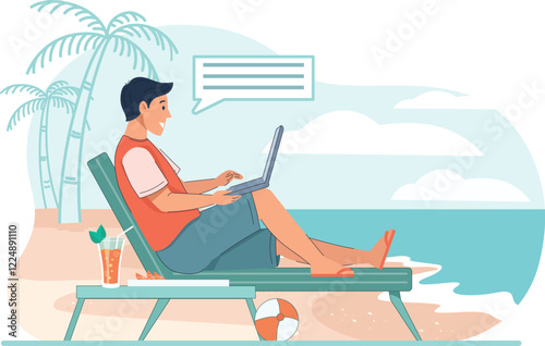 Digital Nomad Freelancing Beach Work Illustration Shows a digital nomad working on a laptop at a scenic beach, symbolizing remote work freedom.
