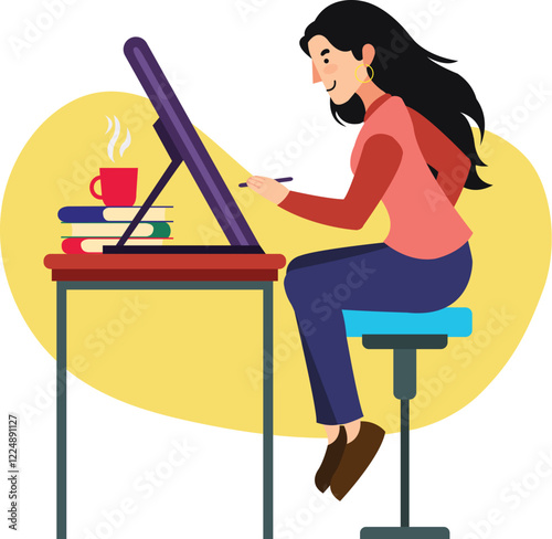 Creative Workspace Illustration Freelancer Working at Her Desk with Coffee and Books Highlights a freelancer's desk setup with coffee, books, and design elements.