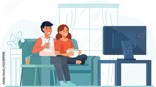 Cozy Movie Night Illustration Couple Relaxing with Snacks and Film Depicts a couple on a sofa, enjoying snacks and a movie in a warm, cozy setting.