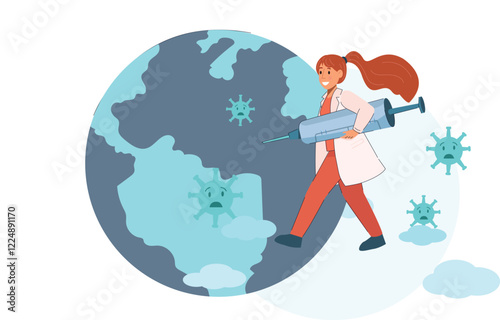 Doctor Spearheading Global Covid Defense Illustrated with Giant Syringe and Earth Background Depicts a heroic doctor holding a large syringe with a globe in the background.
