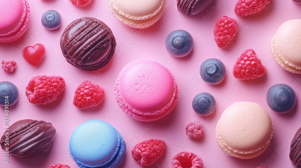 Fototapeta premium Colorful macarons, raspberries, and blueberries on pink background.