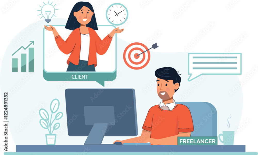 Freelancer Working Online Client Communication Illustration Features a freelancer communicating with clients online, with a laptop and headphones. Freelancer Working Online Client Communication Illustration Features a freelancer communicating with clients online, with a laptop and headphones.