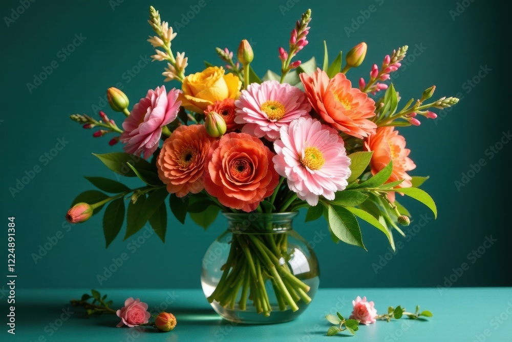 custom made wallpaper toronto digitalA vibrant bouquet of freshly picked coral and pink blossoms arranged artfully in a clear glass vase, sitting on a teal surface