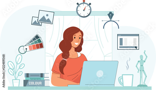 Graphic Design Freelancing Home Workspace Illustration Shows a graphic designer at a home workspace, surrounded by creative tools and screens.