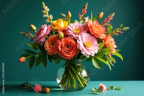 Wallpaper Mural A vibrant bouquet of freshly picked coral and pink blossoms arranged artfully in a clear glass vase, sitting on a teal surface Torontodigital.ca