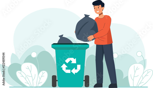 Illustration of Young Man Disposing of Waste in Recycling Bin Depicts a young man responsibly recycling by placing waste into a designated bin.