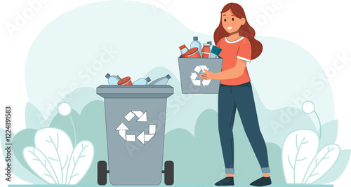 Illustration of Young Woman Carrying Recyclable Waste for Collection Features a woman carrying recyclable waste, promoting eco-friendly practices.