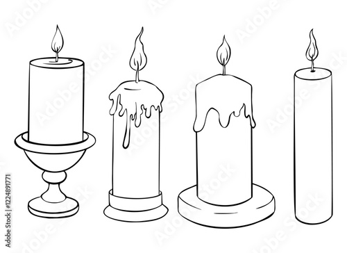 Vector vintage Candle set. Hand drawn outline illustration with wax candlelight with flame Christmas or birthday design . Linear home decor Cozy object for aromatherapy in black and white colors.
