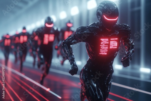 A 3D-rendered depiction of a regiment of futuristic athletes running in sync on a high-tech track, surrounded by glowing holographic displays photo