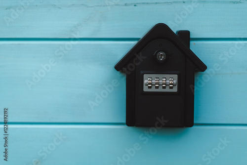 Combination lockbox mounted on a blue wooden wall for safe key storage at a propertys entrance