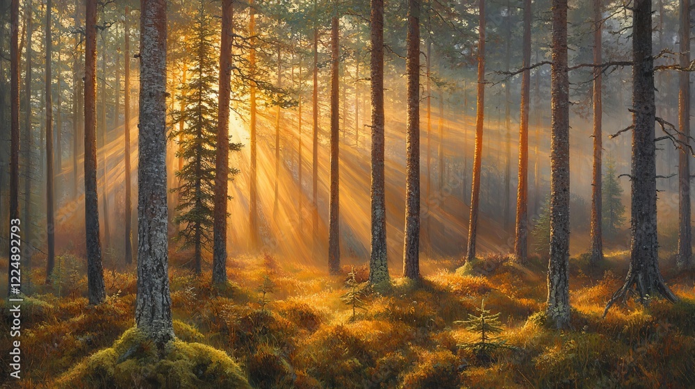 Obraz premium Enchanting forest bathed in early morning mist, with soft sunlight breaking through the trees, creating a magical and serene atmosphere that captures the tranquil beauty of nature at dawn.