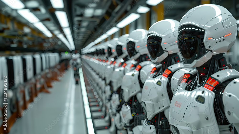custom made wallpaper toronto digitalA futuristic assembly line of humanoid robots with sleek white armor and black visors, standing in perfect formation. High-tech AI-powered robotics production in an advanced industrial setting