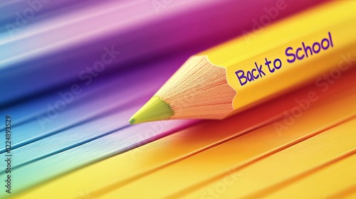 Yellow Pencil with 'Back to School' Text Against Vibrant Stripes Background, Colorful School Supplies, Education Concept, Close-Up of Stationery for Back-to-School Season photo