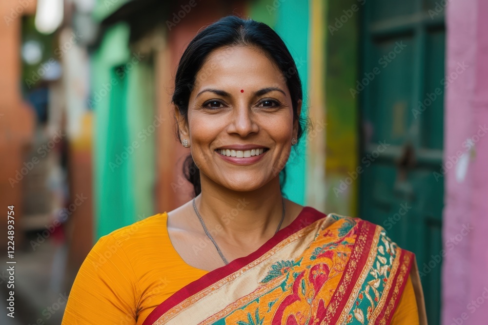 Smiling middle aged Indian woman with dark hair and a bindi on her forehead is smiling at the camera.Fictional Character Created By Generative AI Smiling middle aged Indian woman with dark hair and a bindi on her forehead is smiling at the camera.Fictional Character Created By Generative AI