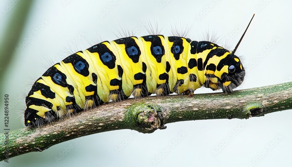 Fototapeta premium Vibrant Yellow and Black Caterpillar on a Twig