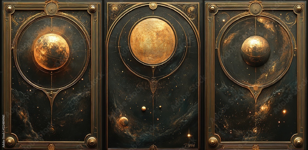 Naklejka premium Ornate Celestial Triptych: A Detailed Artistic Depiction of Cosmic Bodies