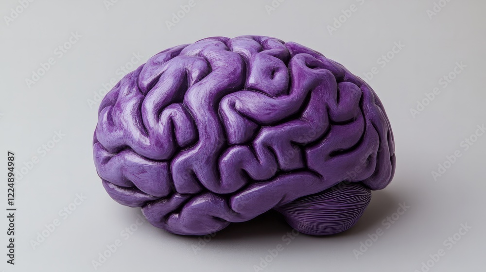 Fototapeta premium A sleek matte purple brain with realistic textures, isolated on a light gray background 