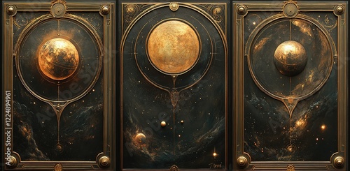 Ornate Celestial Triptych: A Detailed Artistic Depiction of Cosmic Bodies