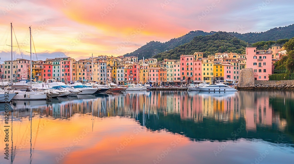 Fototapeta premium Vibrant sunset over a picturesque coastal town with colorful buildings reflecting in calm waters