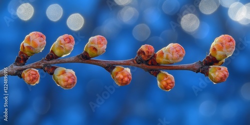 Swelling Buds on Sprig of Flowering Tree on Sparkling Abstract Bokeh Winter Blue Background photo